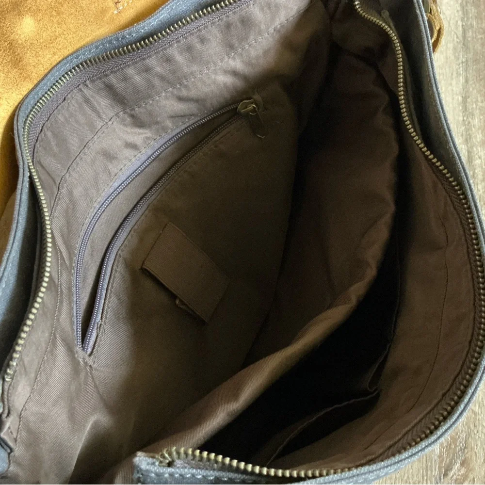 Messenger Bag VASCHY Brown Leather Denim Canvas Computer Pockets Crossbody Tote